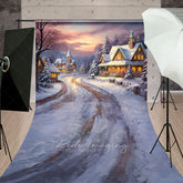 Aperturee - Aperturee Cozy Christmas Village Sweep Backdrop Painterly Snow Scene at Sunset Holiday Cottage Photo Studio Floor Drop